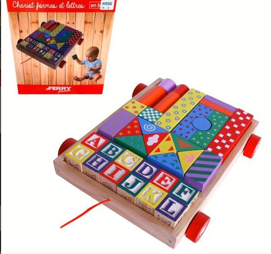 Wooden Pull Cart with 35 Colorful Blocks